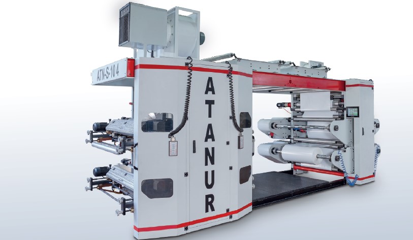 4 Renk 100 cm Lastik Sıyırma Sistemli Stack Tip Flekso Baskı Makinesi: ATN-S 104